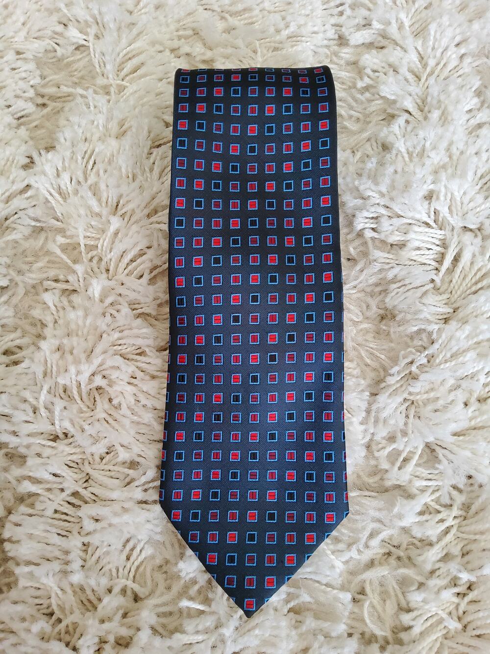 Covington Satin Tie Blue Red Geometric Square Pattern Classic Mens Necktie